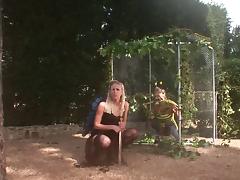 Gorgeous blonde with a hot body enjoying a hardcore gangbang in her garden tube porn video