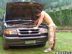 Working hard on the car has him horny for lusty gay anal tube porn video