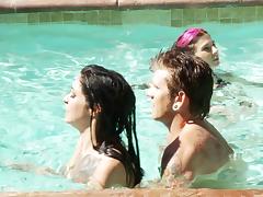 Two girls and a guy have some hardcore fun in the pool tube porn video