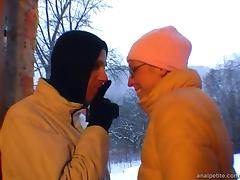 Girlfriend with glasses gives outdoor blowjob on a snowy day tube porn video