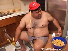 A fat guy eats food while getting to fuck a hot chick tube porn video