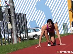 A hot track star finishes her workout by fucking her hairy pussy tube porn video