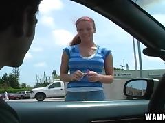 Crazy redhead Brandi Mae gives head in the back of a car tube porn video