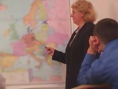Chubby teacher and two of her students fuck after a lesson tube porn video