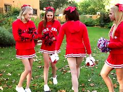 Four foxy cheerleader friends have a wicked hot orgy tube porn video