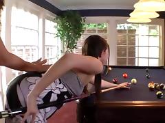 Smooth lesbian chicks have sex on top of a pool table tube porn video