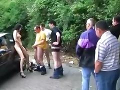 Young Melania gang bang in auto parking tube porn video