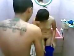 Petite ponytailed asian girl gets her hairy pussy eaten out and missionary fucked in the bathroom tube porn video