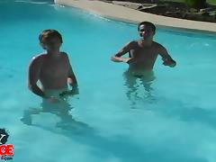 Gay teen with a nice body getting his cock sucked next to his swimming pool tube porn video