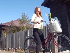 Cardigan cutie on a bike welcomes cock into her Japanese pussy tube porn video