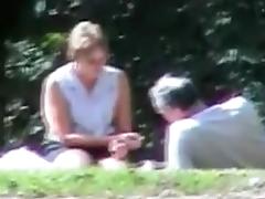 Old and nasty swingers in the park having threesome sex tube porn video
