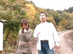 Outdoors with a hairy pussy Japanese girl taking his dick tube porn video