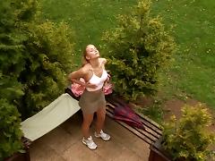 Blonde gets her out out and fucks herself in the garden tube porn video