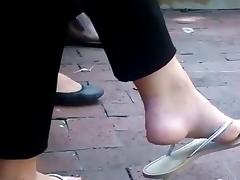 Candid Brunette Hair Feet Shoeplay Dangling Flip Flops Outside tube porn video
