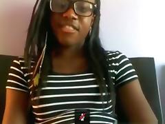 Black nerd with glasses masturbates with a hairbrush on her bed on skype tube porn video