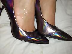 Shoejob and cum on her holograph heels tube porn video