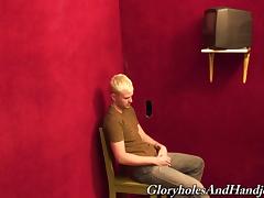 Horny blonde gay guy sucks the dick through a gloryhole tube porn video