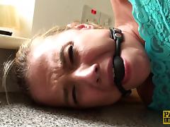 Gagged cutie fucked in her slutty mouth and tight pussy tube porn video