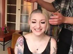blond with tatoos shaves her head tube porn video