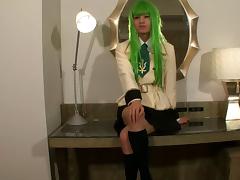 Sexy green wig on a Japanese tranny fingering her asshole tube porn video