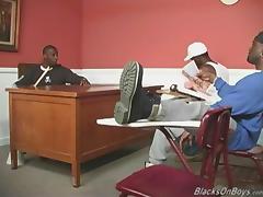 A black teacher and two black students sharing a white guy tube porn video