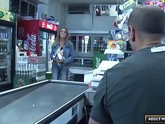 Convenience store clerk and a slutty girl fucking on the floor tube porn video