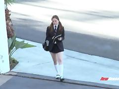 Milky white girl in a cute uniform takes a big cock tube porn video