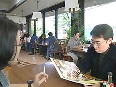 Two japanese waitresses blow dudes and swap cum tube porn video