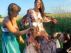 Girls cover the pretty bride in dirty mud and strip her tube porn video