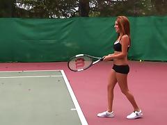 Blonde beauty gets into a hot threesome on the tennis court tube porn video