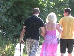 Granny and a couple of college guys have a threesome in the woods tube porn video