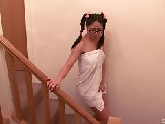 Nerdy Julia can't wait for the handsome guy to bang her on the floor tube porn video