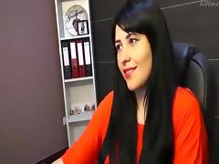Brunette Black Diamond masturbates in an office chair tube porn video