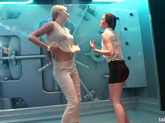Hot babes dance around while being sprayed with water tube porn video