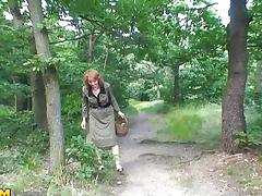 Fascinating matured granny giving big cock blowjob in the forest tube porn video