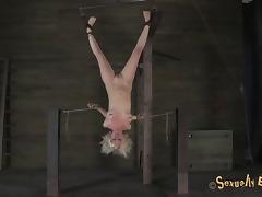 Blonde called Cherry tortured while hanging upside down in the dungeon tube porn video