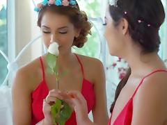 Stunning women with flowers in their hair enjoy a lesbian game tube porn video
