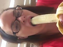 Fat whore deepthroats a banana tube porn video