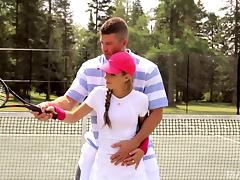 Busty Kathy Rose has a different way of play tennis then the usual one tube porn video