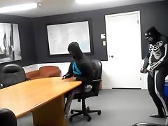 gasmasked zentai skeleton gasses and humps his enemy in the boardroom tube porn video