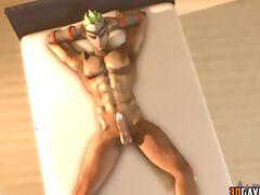 Hot muscular warrrior jerking off his dick while Soldier from Overwatch does it the same tube porn video
