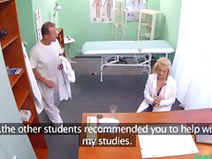 Blonde nurse in the red lingerie gets fucked by the doctor during work tube porn video