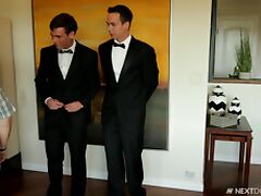 Two dudes dressed in tuxedos can't wait to come home and get naked tube porn video