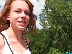 Cute redhead girl Rebeca takes money to be fucked in the woods tube porn video