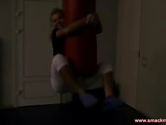 Sexy blond babe Olya gives a hot blowjob after workout tube porn video