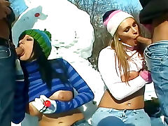 Snow bunnies suck and fuck after making snowman tube porn video