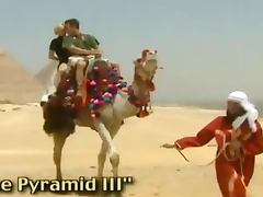 Two sexy girls having hardcore sex with guy in Egyptian desert tube porn video