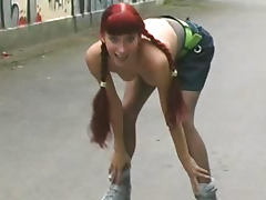 That cute redhead babe are showing her pussy on the public tube porn video