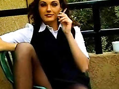Smoking outdoors in skirt and pantyhose tube porn video