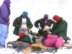 Group of people having an outdoor orgy at the ski resort tube porn video